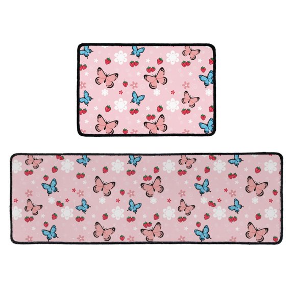 ZIATUBLES Kitchen Rugs and Mat Set of 2 Non-Slip Soft Kitchen Rug for Floor Absorbent Resist Dirt Mats for Kitchen Sink Hallway Laundry Room, Butterfly Strawberry Flower