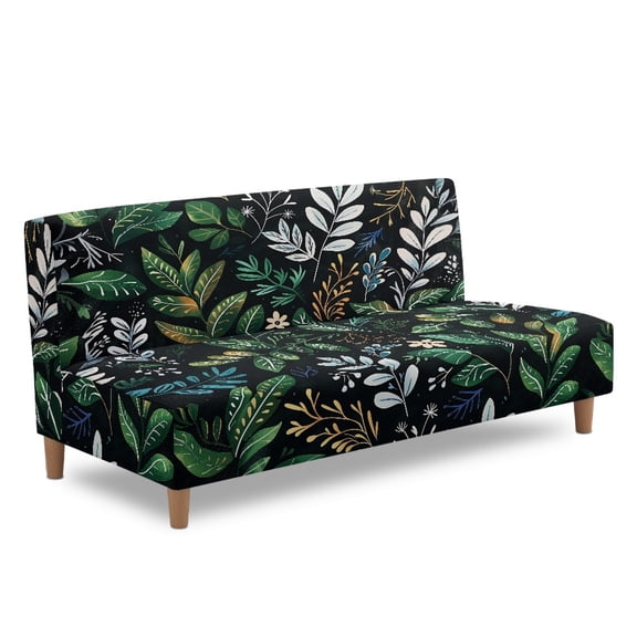 ZIATUBLES Leaf Black Stretch Armless Sofa Cover, Futon Slipcover with Elastic Bottom Machine Washable Couch Cover Foldable Furniture Protector for Home Living Room