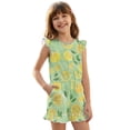 thumbnail image 1 of ZIATUBLES Lemon Green Print Girls Summer Casual Playsuit Flutter Sleeves Short Jumpsuit Button Round Neck Kids Romper Elastic Waist Relaxed Fit Comfort Outfit with Pockets for 7-8 Y, 1 of 6