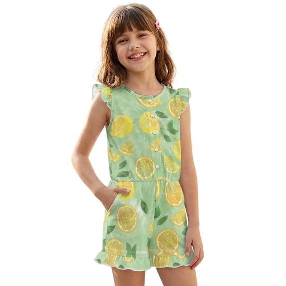 ZIATUBLES Lemon Green Print Girls Summer Casual Playsuit Flutter Sleeves Short Jumpsuit Button Round Neck Kids Romper Elastic Waist Relaxed Fit Comfort Outfit with Pockets for 7-8 Y
