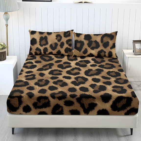 ZIATUBLES Leopard Print Bedding Sheets Full Size, Soft Cooling Polyester Bed Sets, 3-Piece Sets with 1 Elasticed Fitted Sheet and 2 Pillowcases, Chic Home RV Decor Accessories