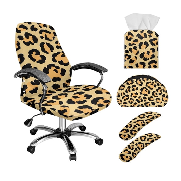 ZIATUBLES Leopard Print Chair Cover Set for Home Office, 5 PCS Stretchable Slipcovers with Armrest Covers, PU Leather Tissue Box Cover and Multi-Functional Remote Control Holder, L