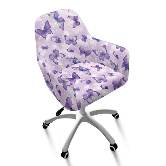 ZIATUBLES Lilac Butterfly Print Polyester Curved Back Dining Chair Covers Stretchable Swivel Vanity Desk Chairs Slipcover with Arms Soft Leisure Armchair Protector for Kitchen Living Room
