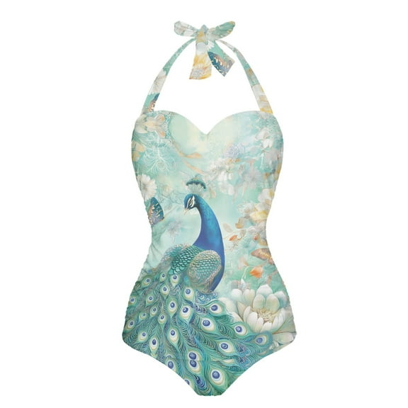 FKELYI Lotus Floral Peacock Print Halter Swimwear for Women One Piece Swimsuit with Soft Pad Tummy Control Bathing Suits Breathable Monokini for Ladies Summer Swimming, XL