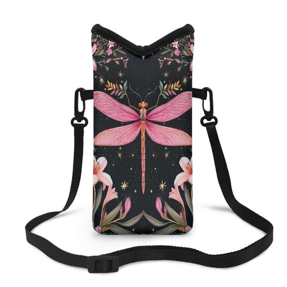 ZIATUBLES Neoprene Cell Phone Sleeve Pouch Portable Small Crossbody Mobile Case with Adjustable Detachable Strap Stylish Soft Phone Bag, 4 X 8 Inch, Dragonfly Lily Leaf