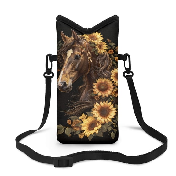 ZIATUBLES Neoprene Cell Phone Sleeve Pouch Portable Small Crossbody Mobile Case with Adjustable Detachable Strap Stylish Soft Phone Bag, 4 X 8 Inch, Horse Sunflower