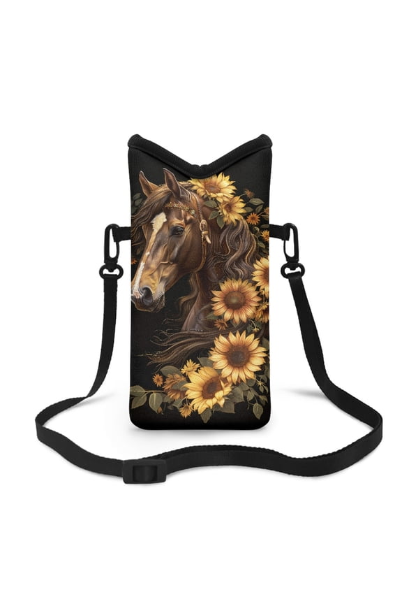 Neoprene Cell Phone Sleeve Pouch Portable Small Crossbody Mobile Case with Adjustable Detachable Strap Stylish Soft Phone Bag, 4 X 8 Inch, Horse Sunflower