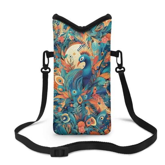 ZIATUBLES Neoprene Cellphone Crossbody Bag Portable Water Resistant Phone Pouch Soft Shockproof Sleeve Case with Adjustable Strap and Hook Loop Fastener, 4 X 8 Inch, Peacock Moon