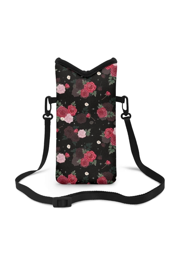 Neoprene Cellphone Crossbody Sleeve Bag Top Opening Phone Pouch Hook and Loop Fastener Phone Water Resistant Purse with Removable Strap, 4 X 8 Inch, Rose Black