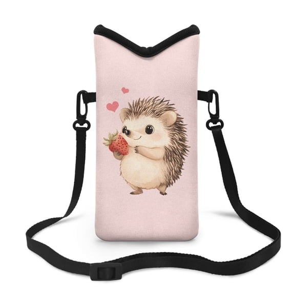 ZIATUBLES Neoprene Cellphone Crossbody Sleeve Pouch Top Opening Phone Bag Hook and Loop Fastener Cellphone Shockproof Purse with Adjustable Strap, 4 X 8 Inch, Cartoon Hedgehog Strawberry Pink