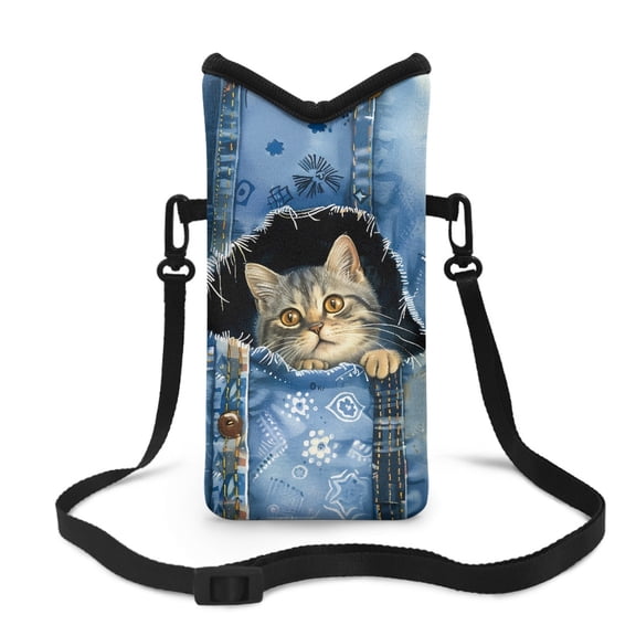 ZIATUBLES Neoprene Cellphone Sleeve Bag Adjustable Crossbody Strap Phone Pouch Case Hook and Loop Fastener Portable Shockproof Phone Bag, 4 X 8 Inch, Torn Pant Print Cat