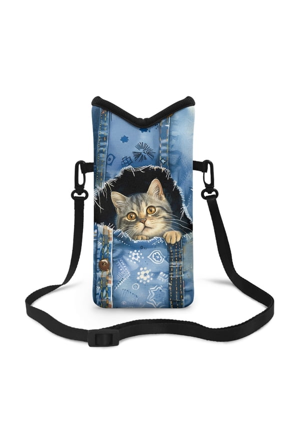 Neoprene Cellphone Sleeve Bag Adjustable Crossbody Strap Phone Pouch Case Hook and Loop Fastener Portable Shockproof Phone Bag, 4 X 8 Inch, Torn Pant Print Cat