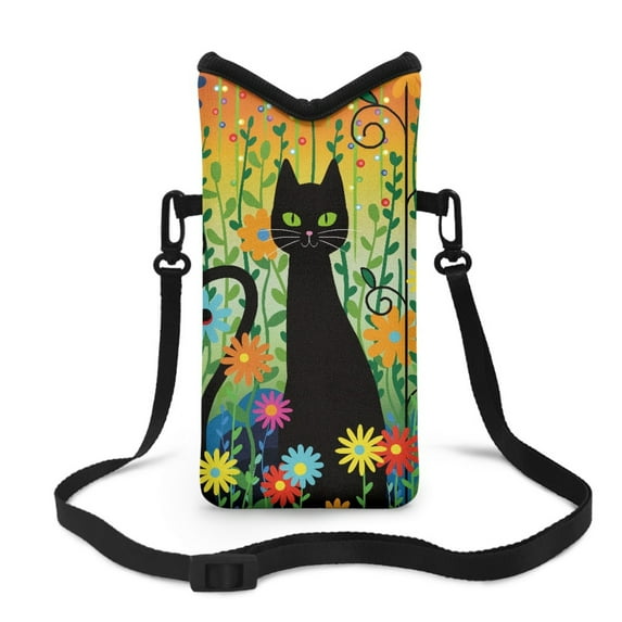 ZIATUBLES Neoprene Cellphone Sleeve Bag Adjustable Crossbody Strap Phone Pouch Case Portable Shockproof Phone Bag with Hook and Loop Fastener, 4 X 8 Inch, Doodle Black Cat Flower Greenery