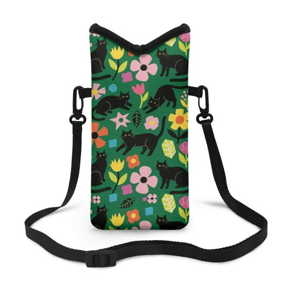 ZIATUBLES Neoprene Cellphone Sleeve Pouch Phone Bag with Adjustable Crossbody Strap Mobile Protection Case Bag Hook and Loop Fastener Phone Bag, 4 X 8 Inch, Black Cat Flower