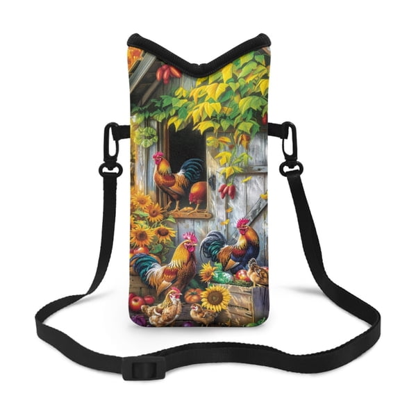 ZIATUBLES Neoprene Cellphone Sleeve Pouch Water Resistant Phone Bag with Adjustable Crossbody Strap Shockproof Phone Purse, Hook and Loop Fastener, 4 X 8 Inch, Rooster Chicken Sunflower Coop