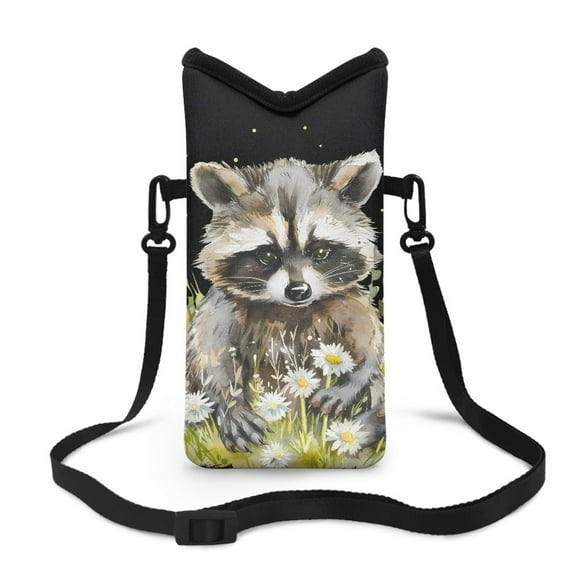 ZIATUBLES Neoprene Phone Bag Lightweight Cellphone Sleeve Pouch Shockproof Phone Purse Adjustable Crossbody Strap with Hook Loop Fastener, 4 X 8 Inch, Raccoon Daisy Black