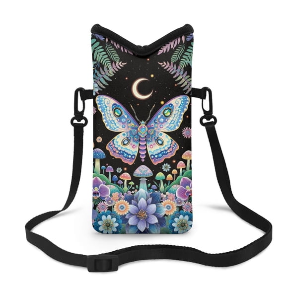 ZIATUBLES Neoprene Phone Bag Soft Cellphone Sleeve Pouch Shockproof Phone Purse with Adjustable Crossbody Strap and Hook and Loop Fastener, 4 X 8 Inch, Boho Mandala Mushroom Butterfly Moon Print