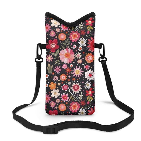 ZIATUBLES Neoprene Phone Pouch Stylish Portable Cellphone Bag with Removable Detachable Carrying Strap, Hook Loop Fastener Water Resistant Cellphone Purse, 4 X 8 Inch, Floral Black