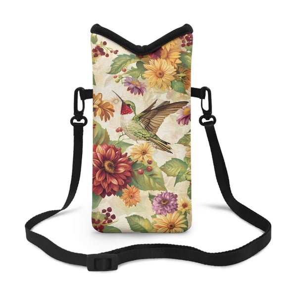 ZIATUBLES Neoprene Stylish Phone Pouch Portable Cellphone Bag with Adjustable Crossbody Strap Hook Loop Fastener Waterproof Cellphone Purse, 4 X 8 Inch, Hummingbird Floral Berries Print