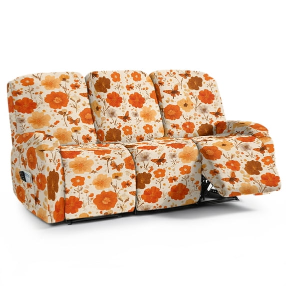 ZIATUBLES Orange Butterfly Flower Recliner Covers for 3 Seater Reclining Sofa, Soft Fitted Furniture Protector for Pets Washable Stretch Recliner Chair Covers with Storage Pockets Set of 8