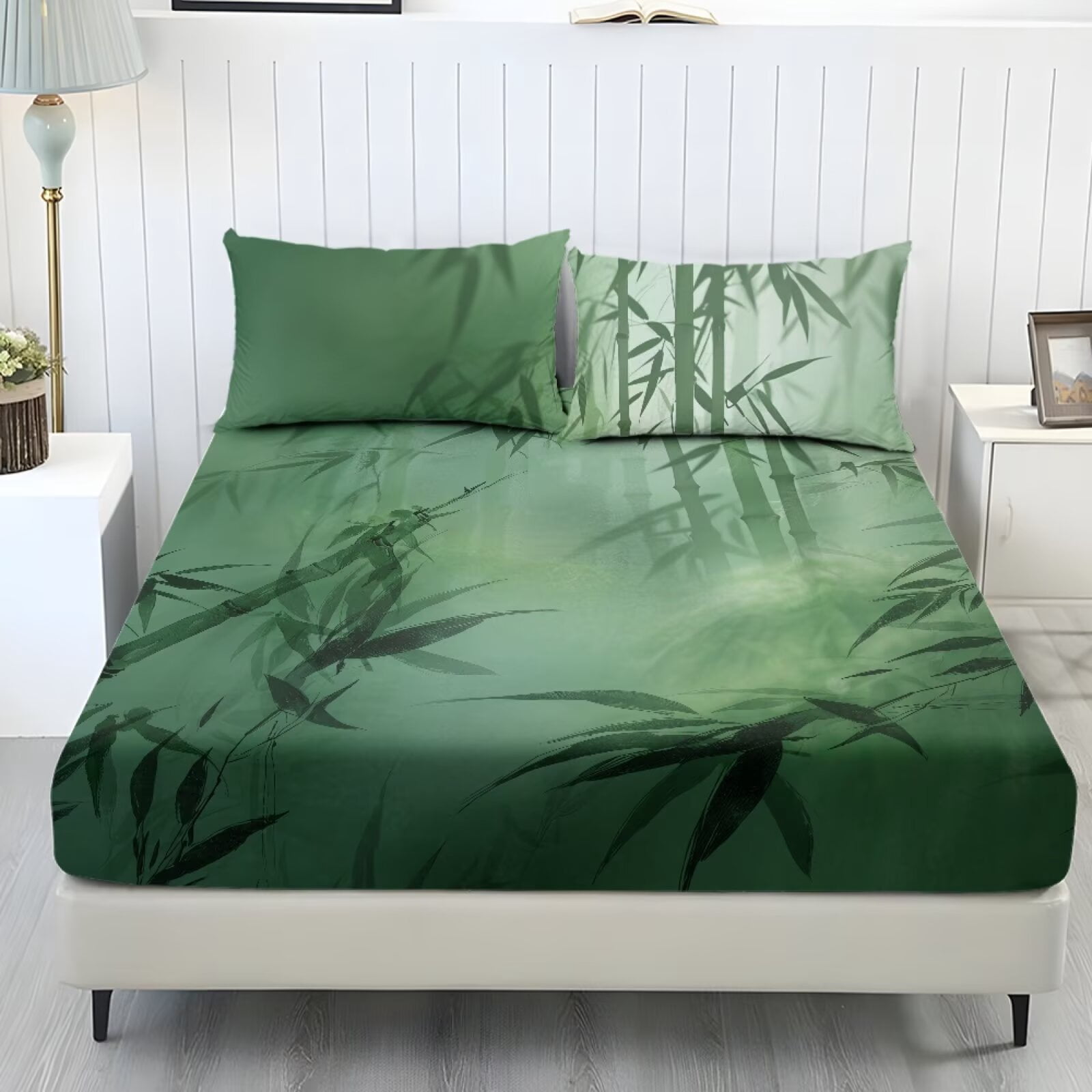 ZIATUBLES Oriental Bamboo Print Queen Size Sheet Set 3 Pcs, 1 Fitted Sheet and 2 Pillowcases, Oriental Style Bed Sheets with Elasticized 9.8" Pocket Soft Comfy Cooling Bedding Set