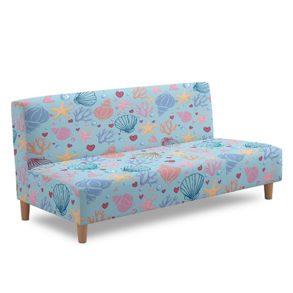ZIATUBLES Otter Shell Starfish Print Armless Futon Cover, Stretch Sofa Slipcover with Elastic Bottom Dustproof Couch Cover Machine Washable Polyester Spandex Furniture Protector for Living Room