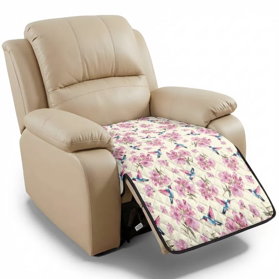 ZIATUBLES Pink Floral Hummingbird Print Recliner Chair Cover, Anti-Slip Quilted Polyester Recliner Slipcover, Washable Pets Friendly Furniture Protector for Most Standard Recliners