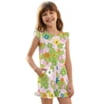 thumbnail image 1 of ZIATUBLES Pink Green Floral Print Girls Romper Summer Casual Ruffle Trim Round Neck Short Jumpsuit Elastic Waist Kids One-Piece Playsuit with Pockets for 11-12 Y, 1 of 6