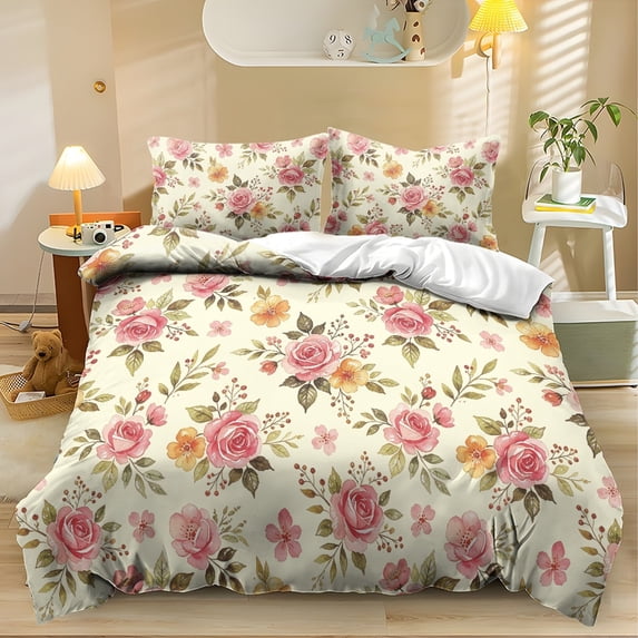 ZIATUBLES Pink Rose Printed Twin Bed Duvet Cover Set, 3 Piece Comfy Soft Bedding, Zipper Closure, Easy Care Modern Bedroom Decor Includes 1 Duvet Cover & 2 Pillowcases