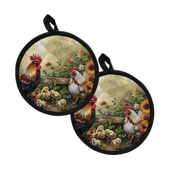 ZIATUBLES Pot Holders Pack of 2 Heat Resistant Hot Pads Non-Slip Quilted Liner Grip Soft Breathable Potholders for Kitchen Cooking Baking 8 Inch Counter Decor, Rooster Chicken Sunflower
