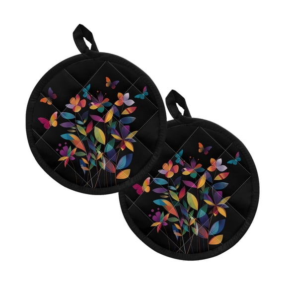 ZIATUBLES Pot Holders Pack of 2 for Kitchen Heat Resistant Hot Pads Stylish Potholders Multipurpose Pot Holder for Cooking Baking Grilling Barbecue, Floral Pattern Butterfly Black