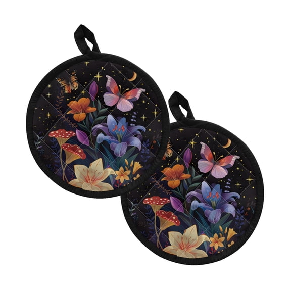 ZIATUBLES Pot Holders Set of 2 Heat Resistant Pot Mat Soft Cotton-Like Liner Non-Slip Grip Lightweight Pan Mat for Kitchen Cooking Baking 8 Inch Round, Lily Butterfly Moon Starry Night