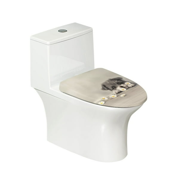 ZIATUBLES Puppy Daisy Print Washable Stretch Fabric Toilet Bowl Lid Cover with Elastic Edges Fits Round Oval Elongated Lids Bathroom Decor Accessories