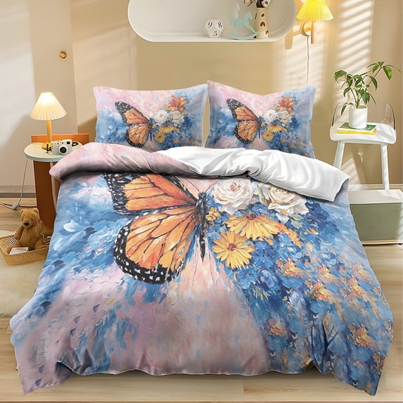 ZIATUBLES Queen Size 3-Piece Duvet Cover Set, Butterfly Floral Print Soft Breathable Polyester, Zipper Closure Easy-Care All-Season Bedding, Bedroom Decor, Duvet Insert Not Included