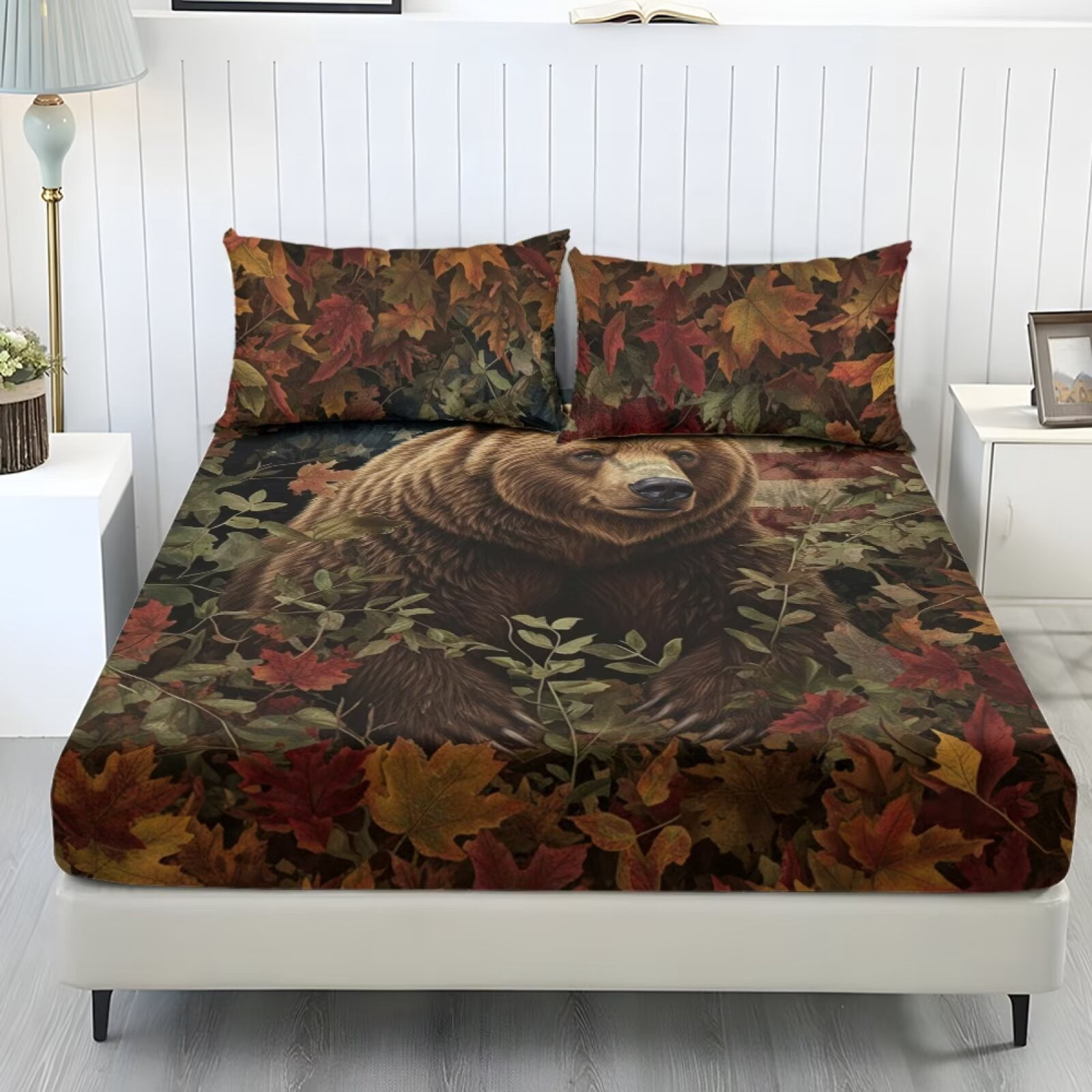ZIATUBLES Queen Size Sheet Set-Soft Stretchy 3 Piece Bedding with 9.8" Pocket Fitted Sheet and 2 Pillowcases, Breathable Comfy Bedding for Bedroom, Autumn Leaf Brown Bear Print