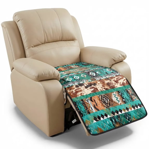 ZIATUBLES Quilted Recliner Chair Cover, Polyester Pet Friendly Seat Cushion Protector, Non-Slip Washable Furniture Slipcover for Dogs Cats, Turquoise Aztec Cow Print Living Room Decor