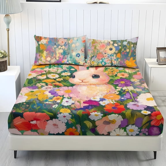 ZIATUBLES Rabbit Floral Painting Bedding Sheets Twin Size, Soft Cooling Polyester Bed Sets, 3-Piece Sets with 1 Elasticed Fitted Sheet and 2 Pillowcases, Chic Home RV Decor Accessories
