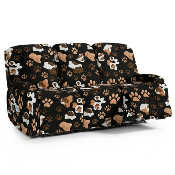 ZIATUBLES Recliner Chair Cover 8 PCS Stretch Reclining Couch Covers for 3 Cushion Reclining Sofa with Storage Pockets Soft Fitted Furniture Protector for Living Room, Dog Paw Mixed Print