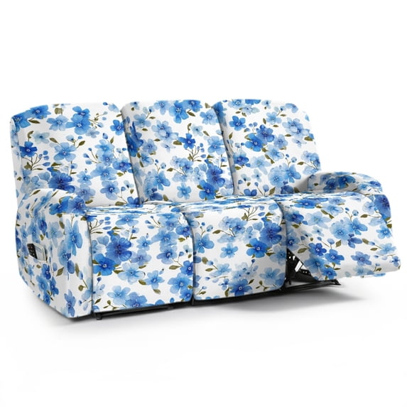ZIATUBLES Recliner Chair Covers, Printed 3-Seater Stretch Reclining Sofa Cover Set of 8, Soft Fitted Furniture Protector Covers for Pet Kid Easy Care Washable Decor Accessories, Blue Flower