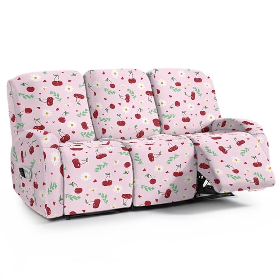 ZIATUBLES Recliner Cover for 3 Cushion Reclining Sofa, 8 PCS Stretch Recliner Couch Covers with Storage Pockets, Soft Fitted Furniture Protector for Living Room Decor, Cherry Daisy Pink