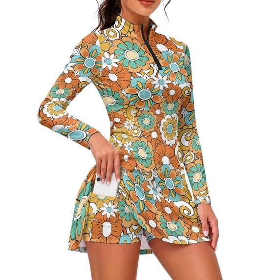 ZIATUBLES Retro 70s Orange Floral Golf Dresses Women's Lightweight 2-Piece Tennis Dress Set, Long Sleeve Zip Up Activewear with Shorts, Suitable for Pickleball Commute Travel, Size XXL