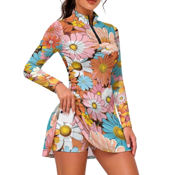 ZIATUBLES Retro Vintage Daisy Print Women’s Tennis Dress Workout Golf Dress, Long Sleeve 1/4 Zip Stand Collar 2-Piece Athletic Sports Outfit with Matching Shorts, Size L