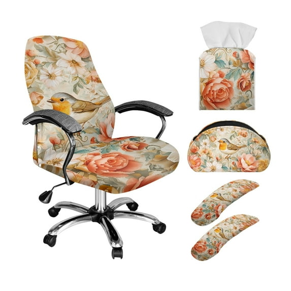 ZIATUBLES Robin Peony Print 5 PCS Office Home Chair Decor Bundle Includes Chair Cover with Armrest Slipcovers, Remote Control Holder and Tissue Box Organizer, S