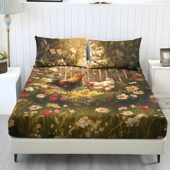 ZIATUBLES Rooster Chicken Floral Printed King Bed Sheets, Polka Dot Cooling King Sheets, Soft Cozy Bedding, 3 Piece Breathable Bedding with Standard Pocket 9.8 Inch Sheet & Pillowcase Set