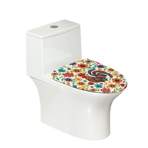 ZIATUBLES Rooster Hippie Flower Print Washable Stretch Fabric Toilet Bowl Lid Cover with Elastic Edges Fits Round Oval Elongated Lids Bathroom Decor Accessories