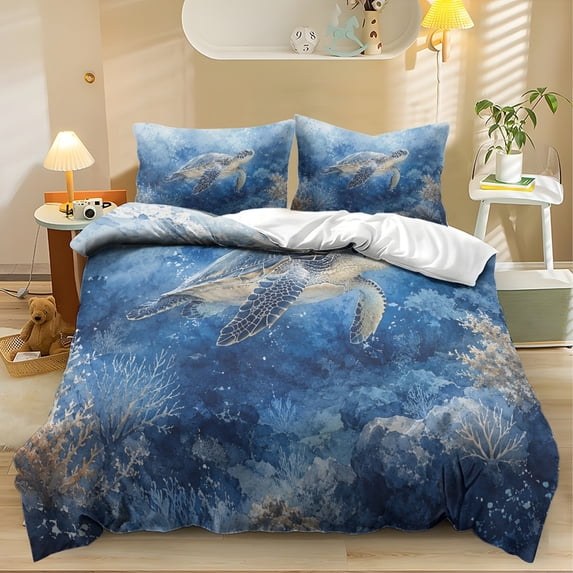 ZIATUBLES Sea Turtle Coral Print Twin Size Duvet Cover Set, 3 Pieces Soft Cozy Bedding, 1 Duvet Cover & 2 Pillowcases, Easy Care Lightweight Bedding for All Season, Chic Modern Decor