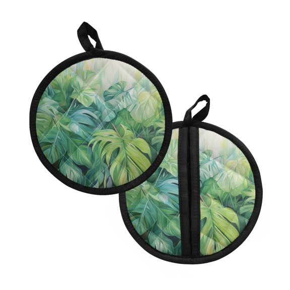 ZIATUBLES Set of 2 Pot Holders Oven Mitts Dual Function Heat Resistant Non-Slip Hot Pads with Hand Pockets Soft Cotton-Like Lining Trivet 8 Inch Round Decor, Monstera