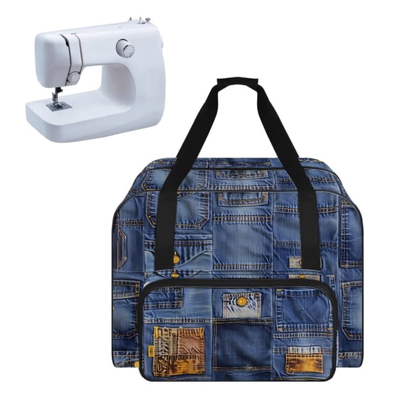 ZIATUBLES Sewing Machine Bag Universal Sewing Storage Bag Versatile Tote Bag Portable Sewing Machine Organizer Bag with Roomy Pockets and Soft Handle, Patchwork Denim Print