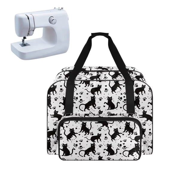 ZIATUBLES Sewing Machine Carrying Case Universal Tote Bag Versatile Sewing Storage Bag Portable Sewing Machine Organizer Bag with Roomy Pockets and Soft Handle, Black Cat Paw Heart White