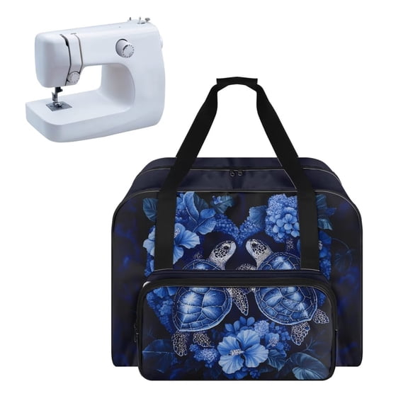 ZIATUBLES Sewing Machine Case Universal Sewing Storage Bag Portable Tote Bag Versatile Sewing Machine Organizer Bag with Roomy Pockets and Soft Cushion, Sea Turtle Flower Heart Dark Blue